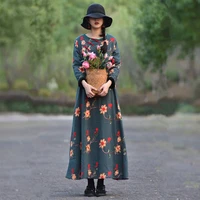 free shipping chinese style loose long maxi cotton and linen dress pocket winter and autumn thick dress fleece inside embroidery
