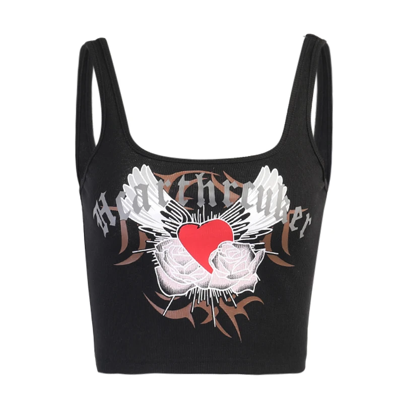 

InsGoth Gothic Sexy Black Heart Print Camis Grunge Harajuku Backless Summer Camisole Streetwear Punk Bodycon Summer Baby Tees