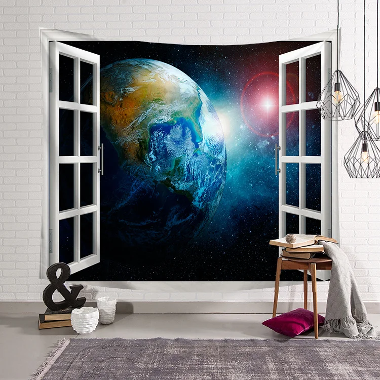Гобелен с изображением галактики и звездного неба из окна настенный тканевый