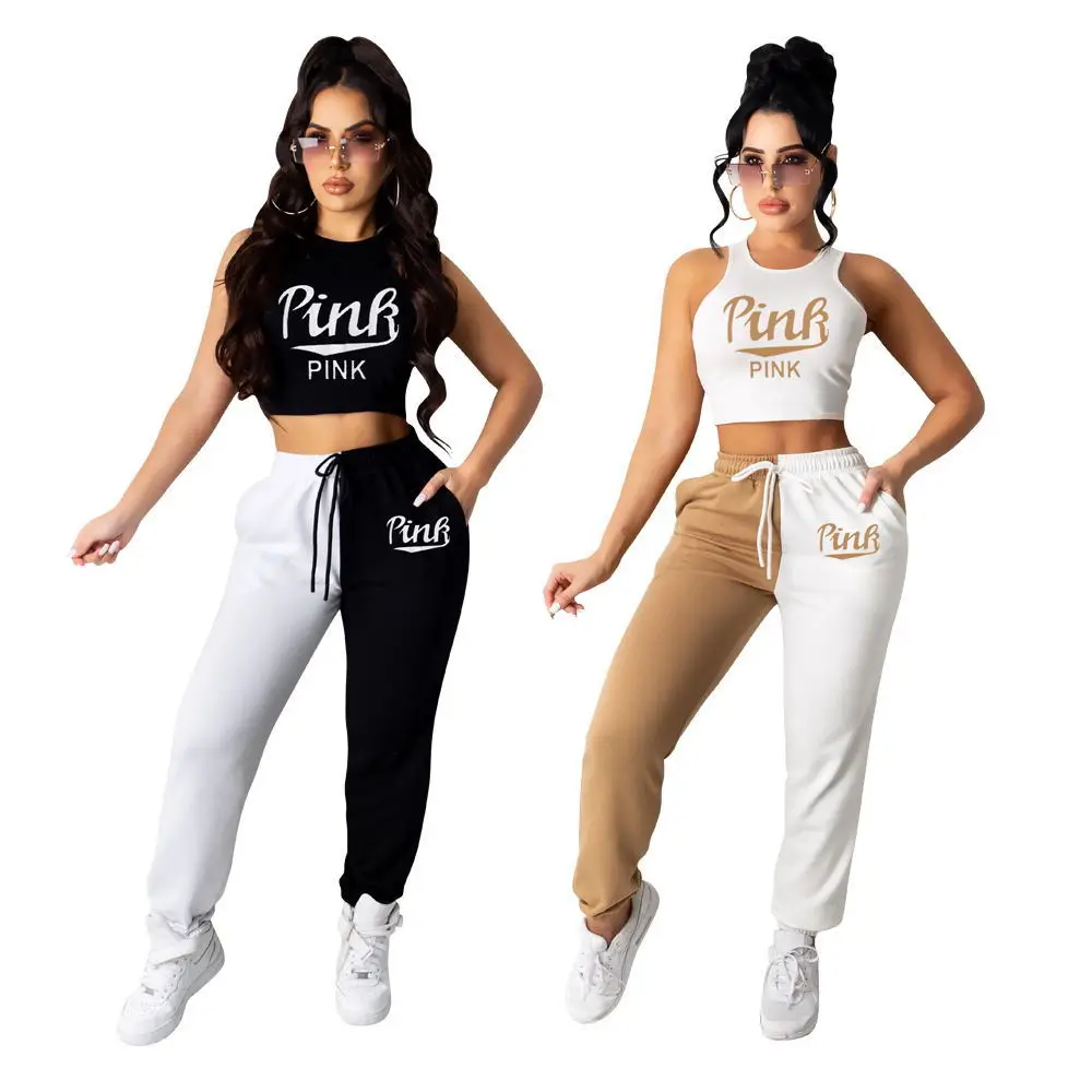 

17F8335 Spring Summer Women Casual Fashion Navel Letter Print Sports Two Piece Set Top and Pants Tracksuit Sweatsuit Outfits Hot