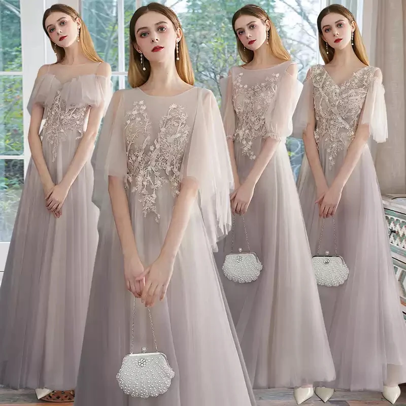 

Bridesmaids Dresses Illusion Short O-Neck Embroidery Lace Tulle Off The Shoulder Floor-Length Gray Women Wedding Party Gown E611
