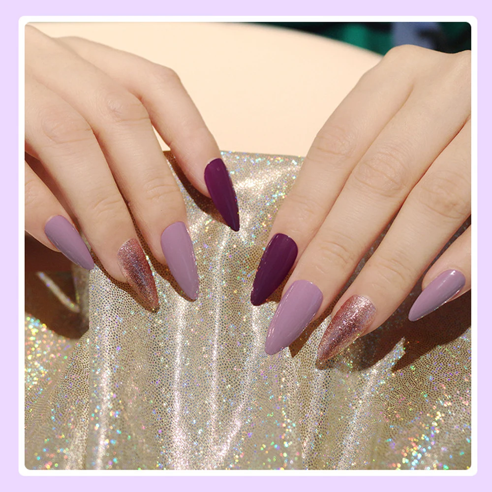 

24pcs Fake Nail Patch Long Pointed Almond Pink Purple Piece Boutique Finished Nail Art Daily Dress For Elegant Women