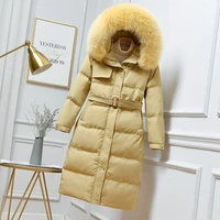 large real raccoon fox fur long down jacket women 90 white duck down coat loose hooded thick parkas female overcoat with belt