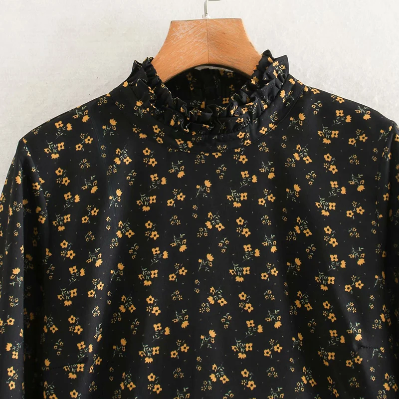 Za 2019 женское платье цветочный принт высокая талия стоячий воротник черное мини