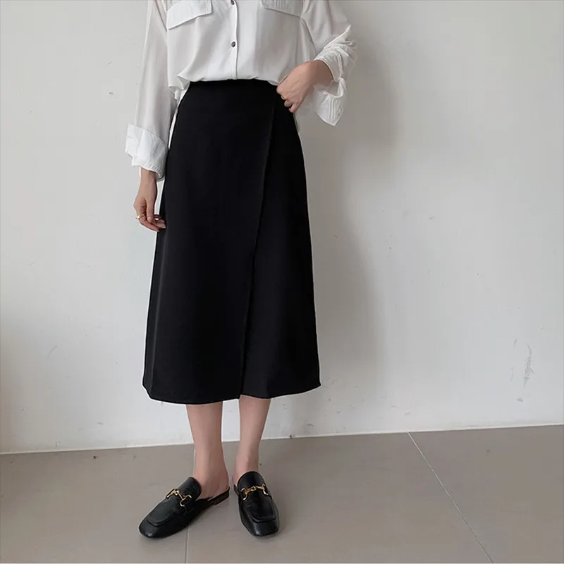 

2021 A-line High Waist Suit Skirt Autumn Women Draped Solid Vintage Casual All-match Elegant Female OL Thin Simple Long Skirt