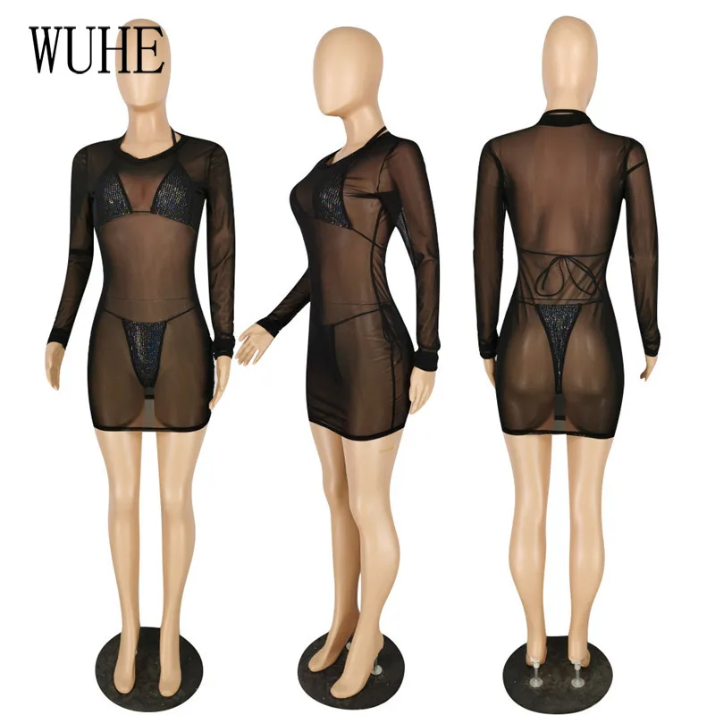 

WUHE Summer Sexy Rhinestone 3 Piece Bikini Set Swimwear Women Swimsuit See-through Mesh Cover Up Biquini Beach Wear Swimsuit