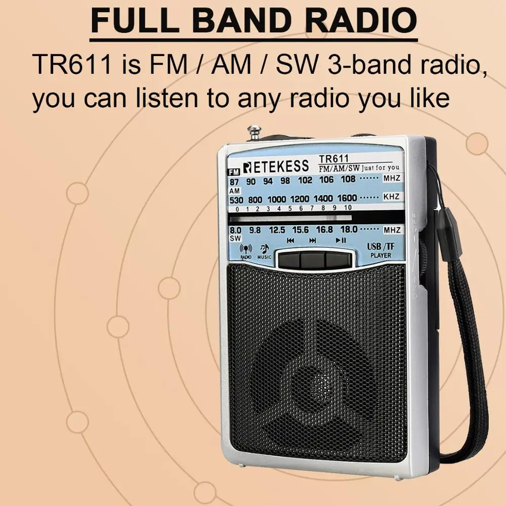 Retekess TR611 портативный FM AM SW 3 диапазона радио с разъемом для наушников USB TF плеер Поддержка MP3 формат