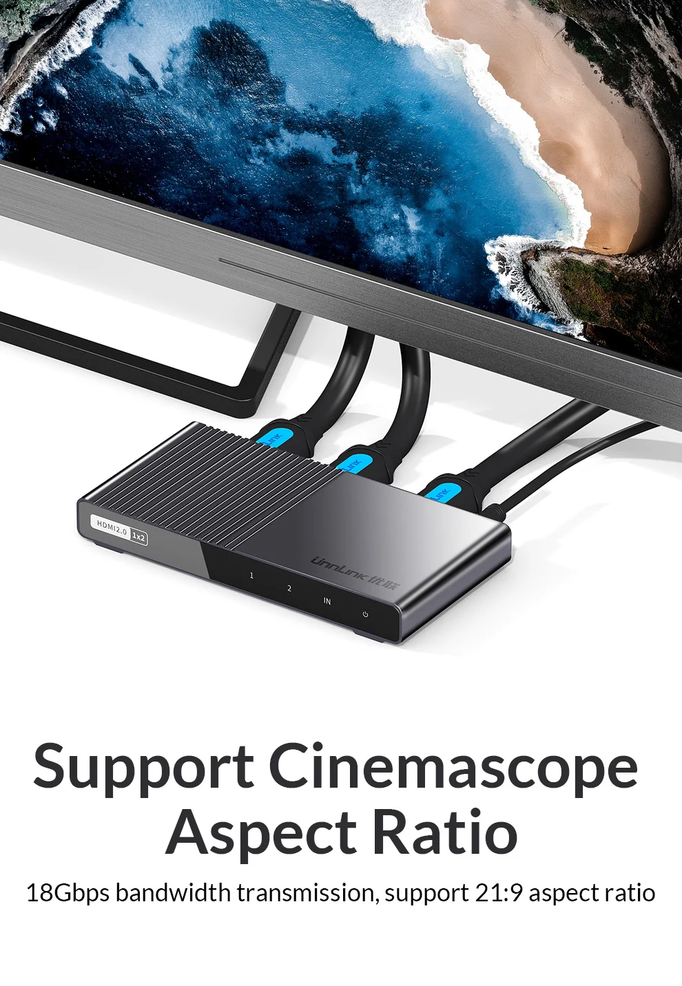 Unnlink HDMI разветвитель 1X2 1X4 HDMI2.0 UHD 4 k@ 60 Гц 18 Гбит/с 4:4:4 HDR HDCP 2,2 3D для светодиодный проектор Smart tv box ps4