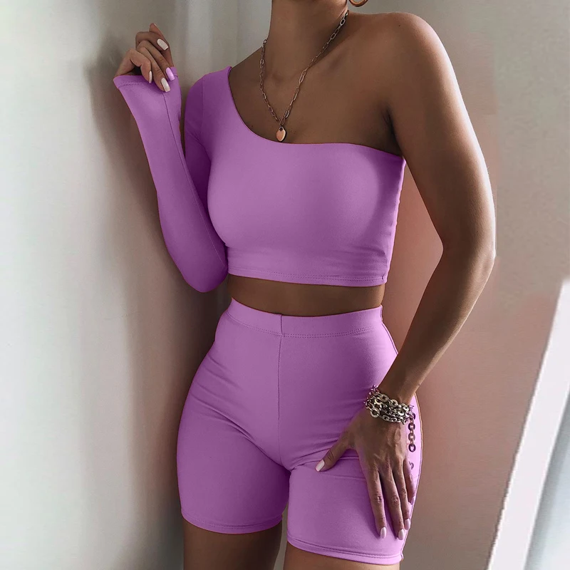 

Zoctuo Solid Two Piece Set One Shoulder Women Sexy Club Outfits Long Sleeve Crop Top and Biker Shorts Pants Set Tracksuit
