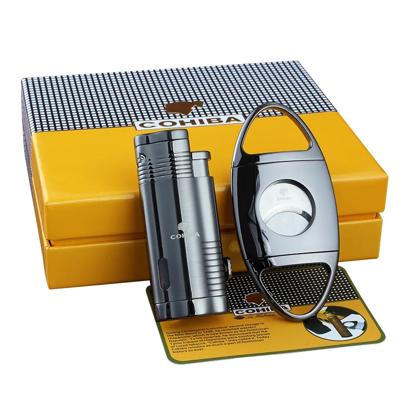 Set 3 Torch Jet Flame With Double-edged Cigar Cutter Windproof Cigarette Lighter Exquisite Gift Box