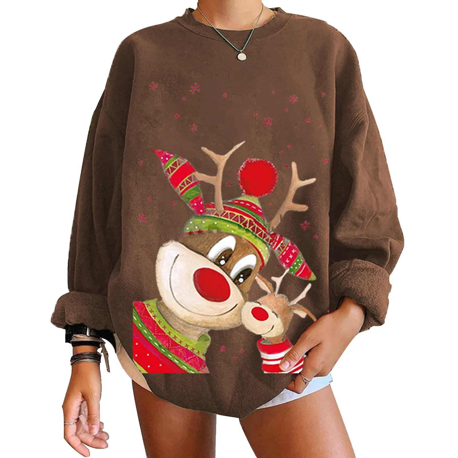 

2021 Christmas Sweater Women's Elk Print Sweatshirt Top Warm Cartoon Oversized Plus Velvet Long Sleeve Womens Christmas Pullover