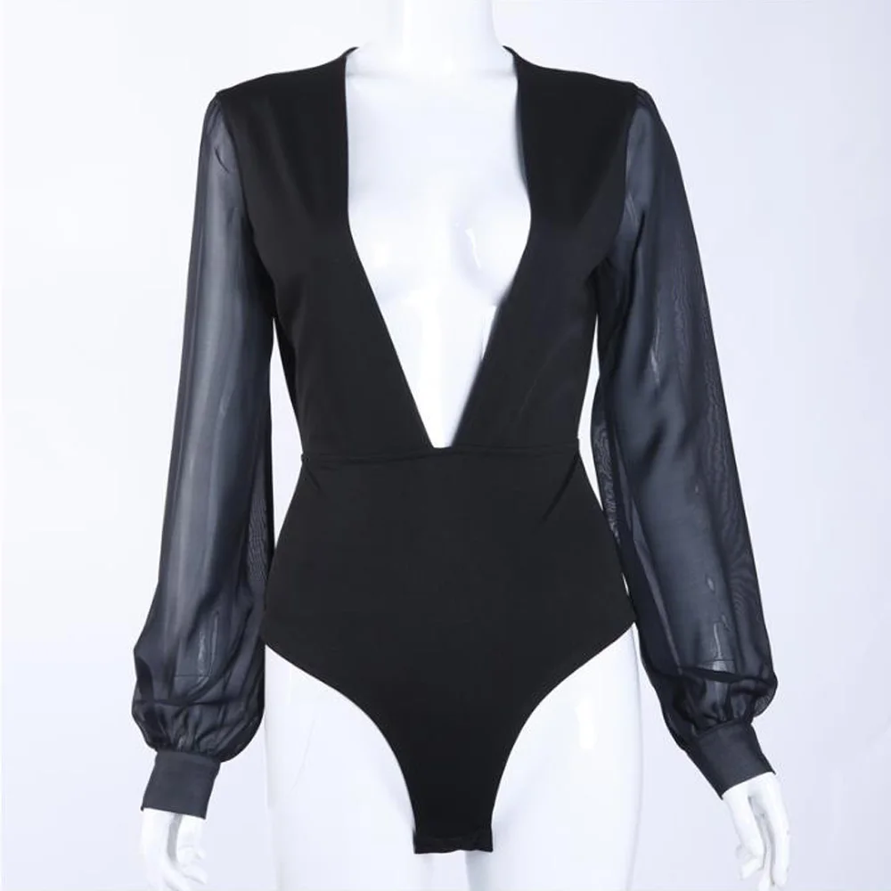 

Sexy Black Blouse Bodysuit Women Deep V Neck Night Clubwear Mesh Long Sleeve Rompers Womens Overall Bar Dinner Party Bodysuits