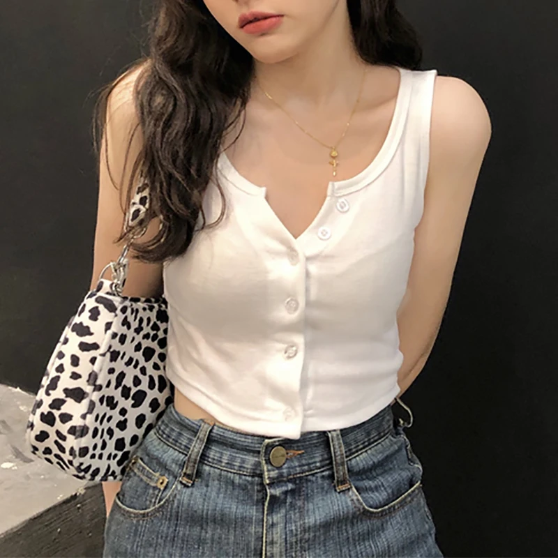 

Women Crop Tops V Neck Slim Thin Solid Sleeveless Tank Top Female Button Stretch Cotton Stort Camisole Femme New Summer Fashion