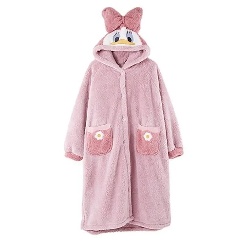 

Cute Cartoon Women FLANNEL Robe Gown Bow Hooded Sleepwear Pink Coral Fleece Women Sleepwear Winter Women Thick Warm Home Wear