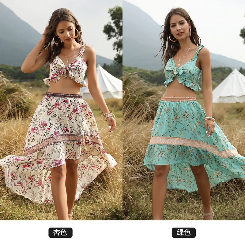 

Boho Printed Women's Suit Beach Irregular Hem Skirt Suspender Crop Top Women Sexy Casual Two-piece Beach Vacation Retro Suit