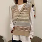 Женский вязаный свитер без рукавов с геометрическим рисунком и V-образным вырезом, Свободный пуловер, Вязаный Свитер оверсайз, джемпер, топ на весну и осень