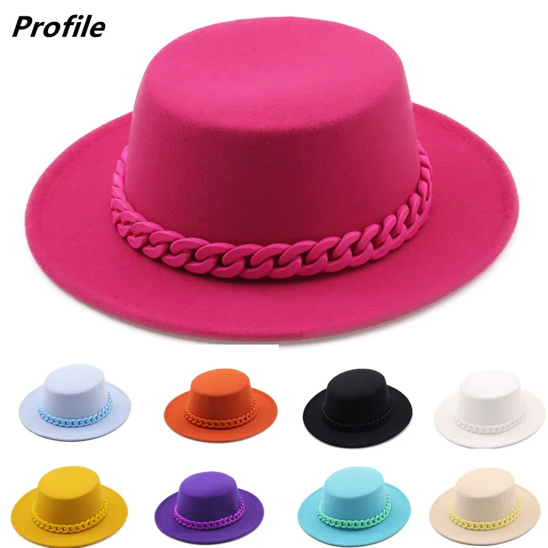 

Оптовая цена шляпа Федора розово-красная акриловая цветная цепочка зимняя плоская модная мужская и женская фетровая джазовая шляпа Федора ПА женская