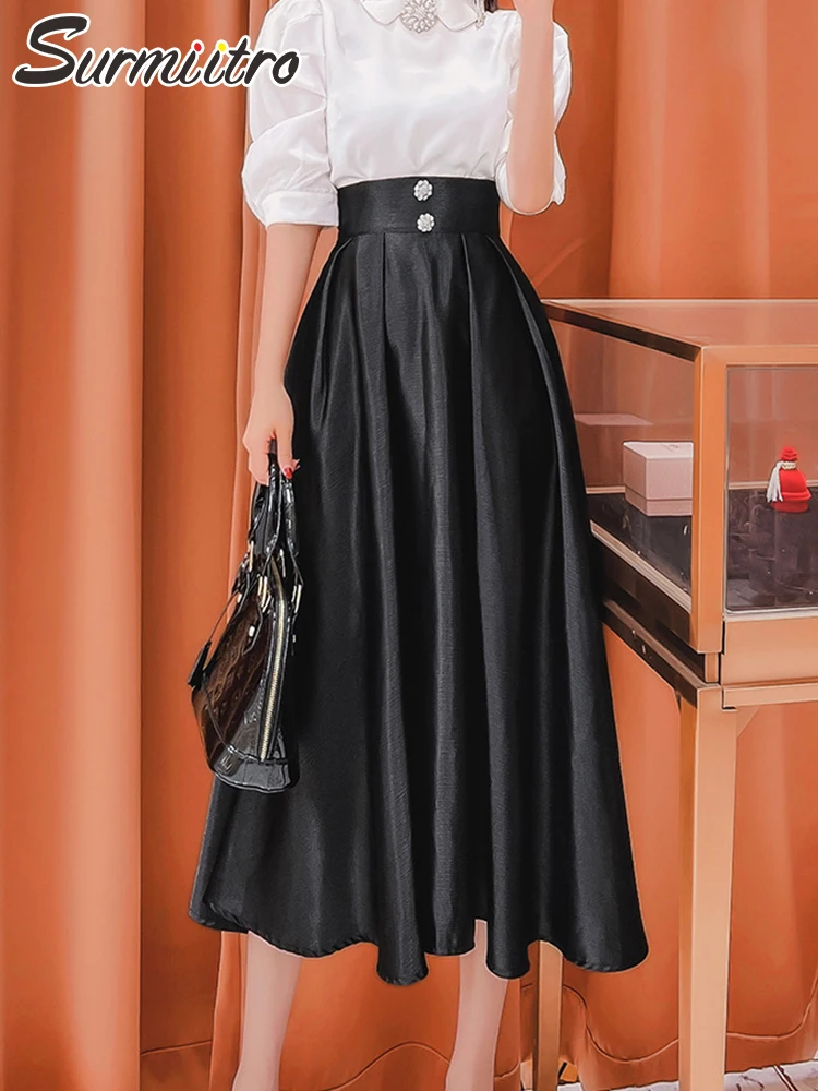 

Женская атласная длинная юбка SURMIITRO, черная, красная трапециевидная юбка средней длины на пуговицах с высокой талией в Корейском стиле, 2021