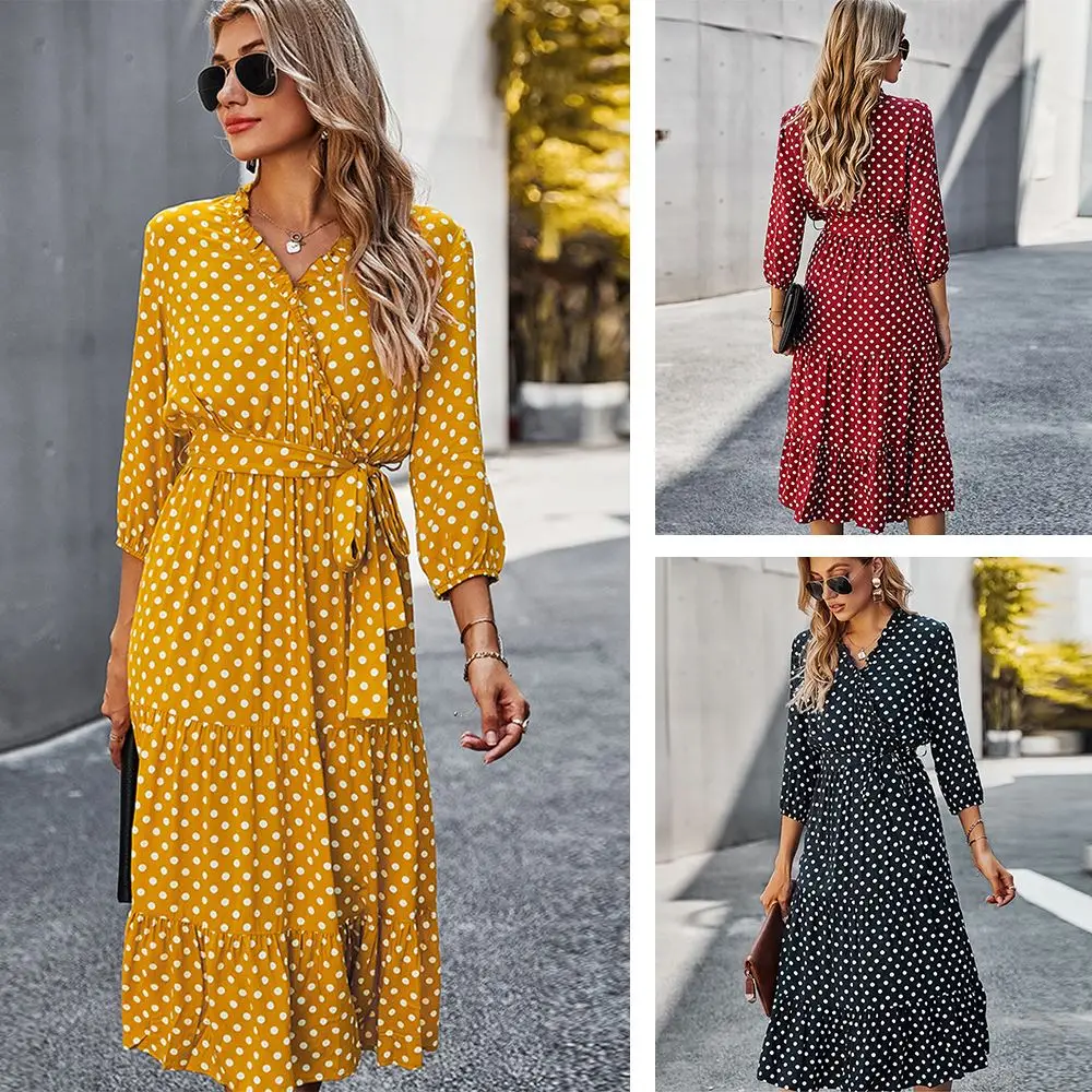 

Women Sexy V Neck Classical Polka Dots Maxi Dress Elegant 3/4 Sleeve Ruffle Tunic Dresses A-Line Swing Gown With Waist Belt