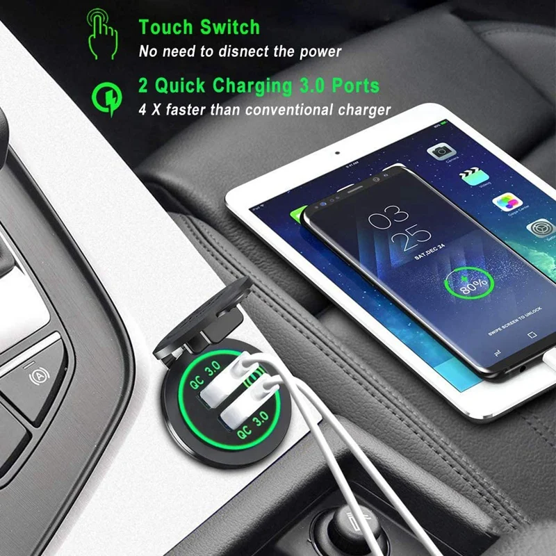 

Quick Charge 3.0 Dual USB Car Charger 12V 36W USB Fast Charger with Switch for Boat Motorcycle Truck Golf Cart