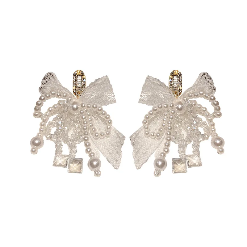 

925 Silver Needle Pearl Crystal Bow Knot Tassel Drop Earring Korean Sweet Cubic Zircon Earrings for Women Wedding Brides Jewelry