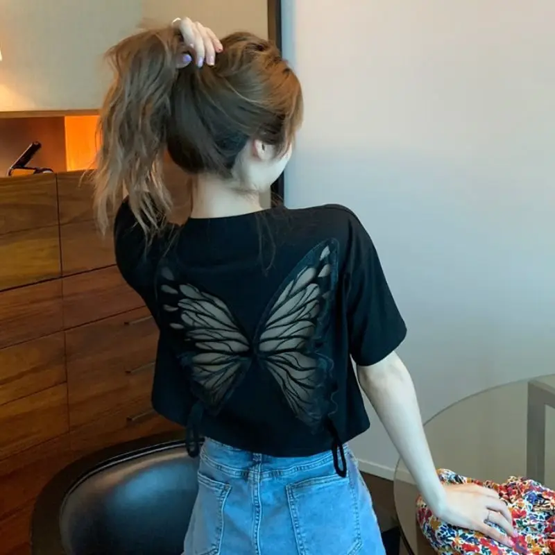

Women's Summer New Fashion Design Sense Back Hollow Butterfly Short-sleeved T-shirt Loose Scheming Top