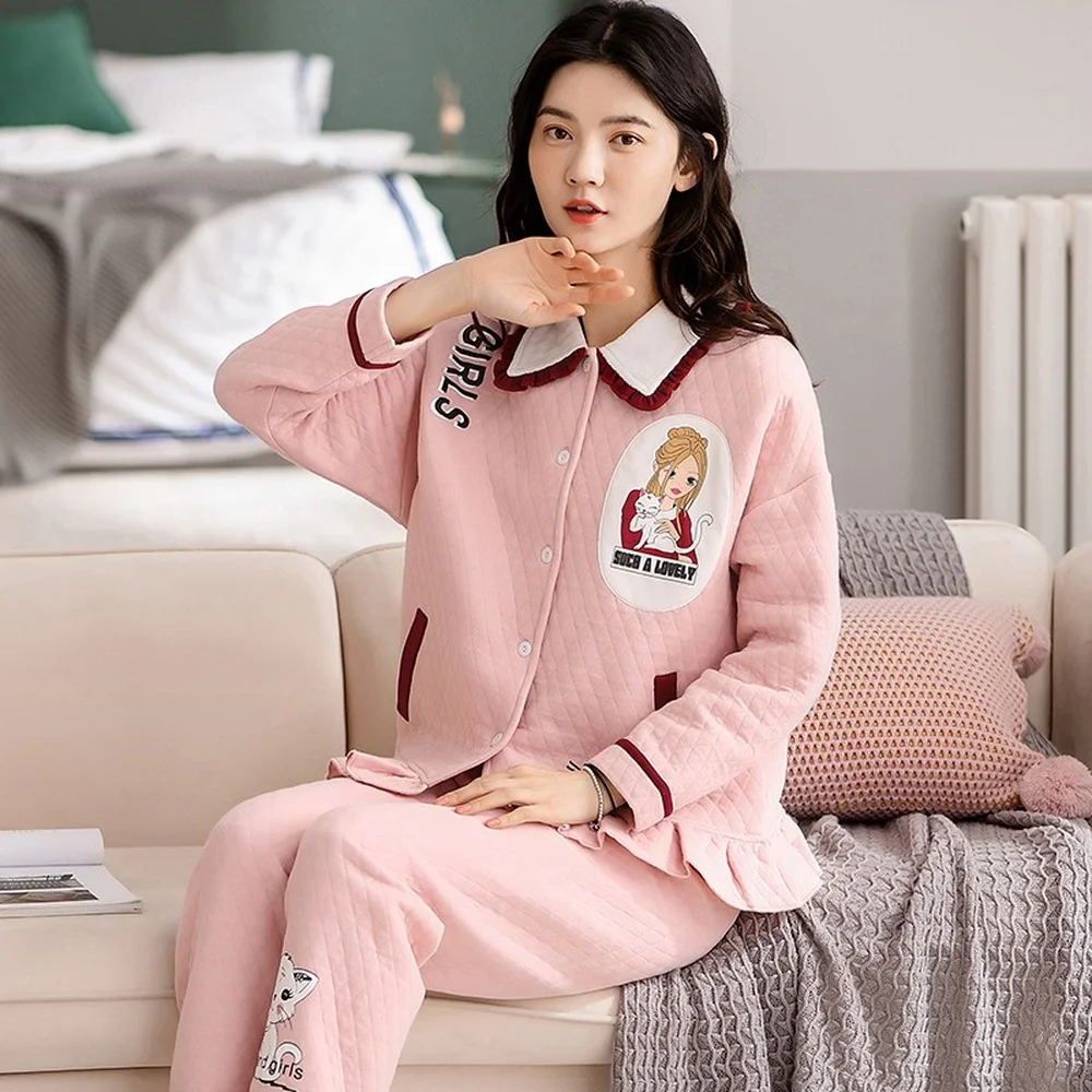 Pure Cotton Women's Pajamas Sandwich Set Pajamas for Women Cardigan Thicken Warm Homewear Sleepwear Winter pyjama pour femme