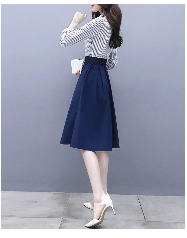 

Spring And Autumn 2020 New Korean Style Long-sleeved Dress Elegant Popular Striped Shirt + A-line Skirt Ladies Fashion Dress