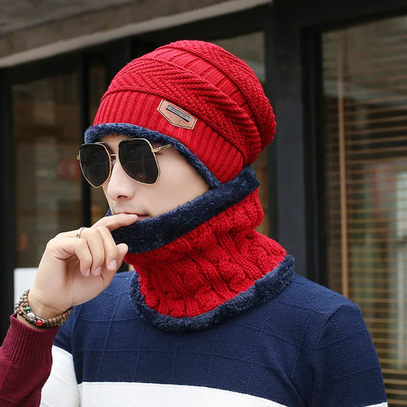 Knitted Hat Neck Collar Warm Suit Fur Wool Lining Thick Knit Beanies Balaclava Winter For men women Cap Skullies Bonnet | Детская одежда