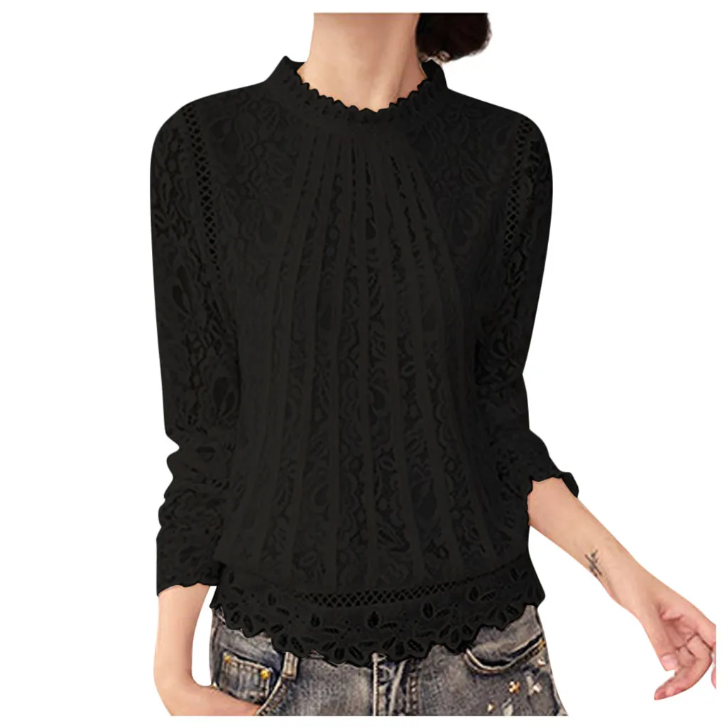 Женская футболка Осенняя Кружевная с длинным рукавом свободные топы высоким