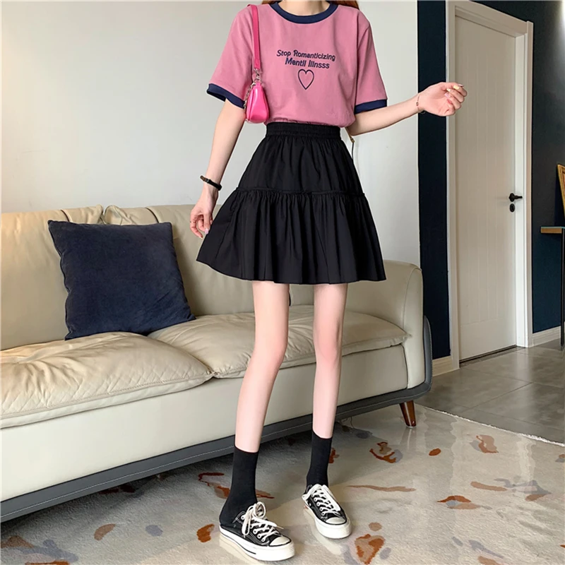 

2021 Women High Waist Skirt Sweet Cute Girls Dance Mini Skirt Black White Skirt Female Mini Skirts Short Solid