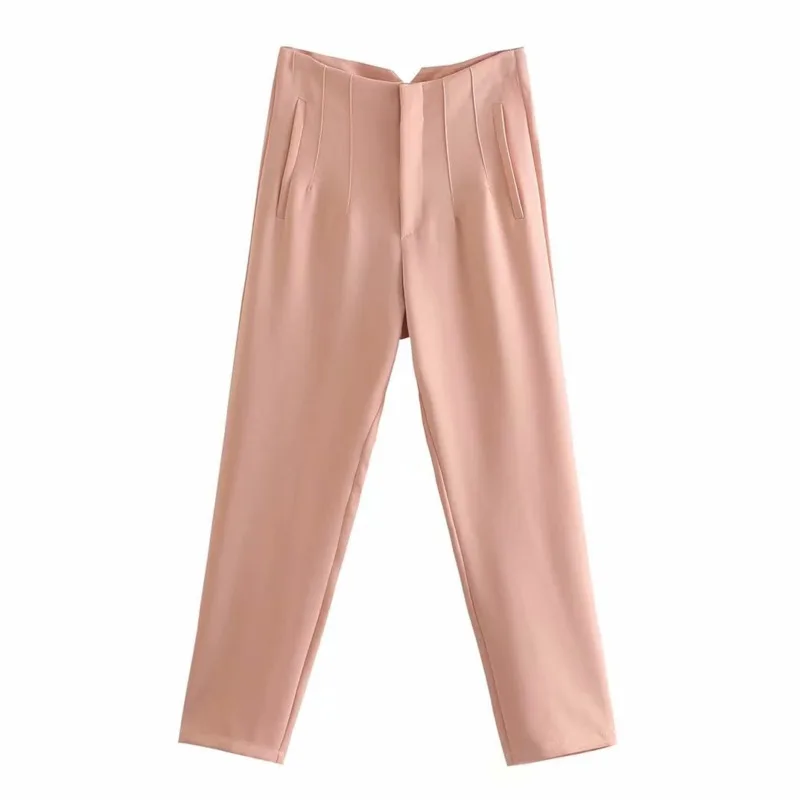 

2021 Summer Solid Ankle Trousers Women Vintage High Waist Zipper Officewear Pants With Pockets Fashion Elegant Women's Pants