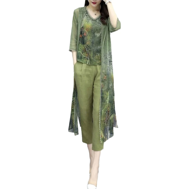 

Summer New Green Chiffon Printed 3 Piece Sets Women Plus Size Vest+cardigan+cropped Pants Suits Elegant Korean Womens Sets Femme