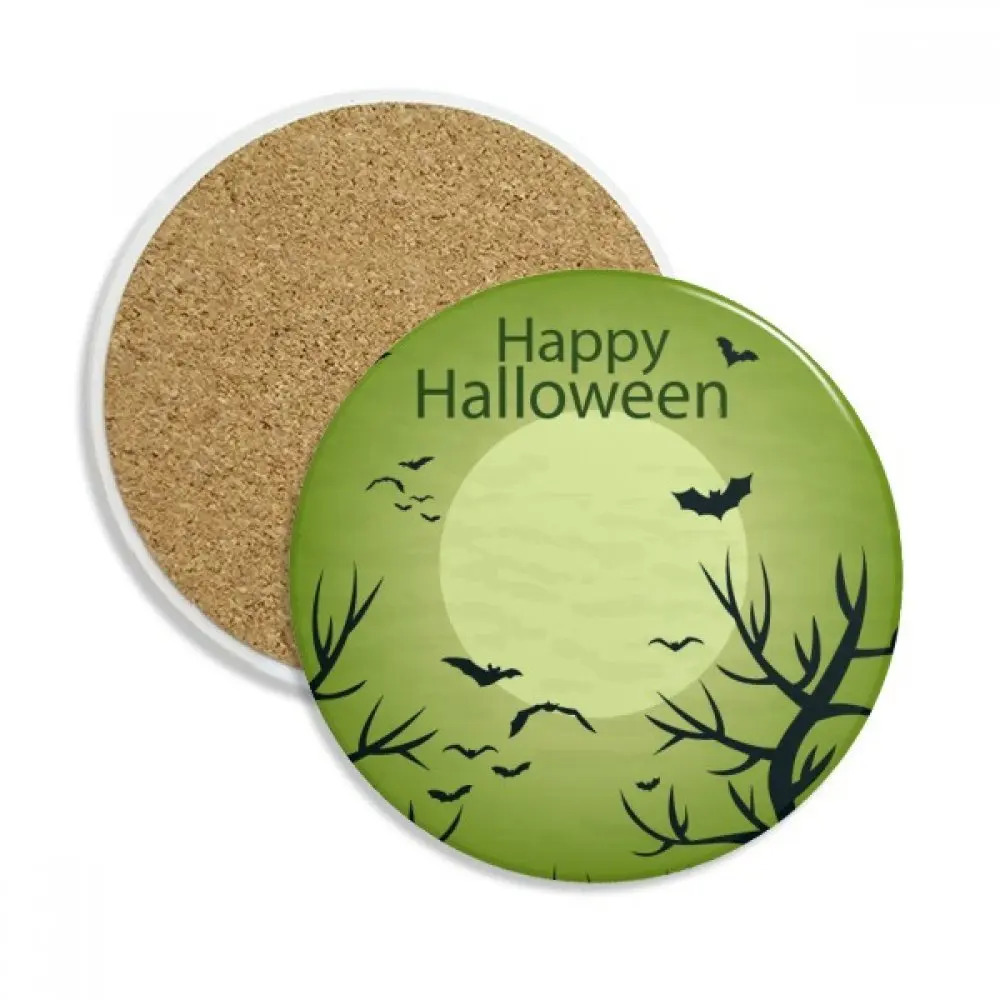 

Green Tree Happy Ghost Fear Halloween Ceramic Coaster Cup Mug Holder Absorbent Stone for Drinks 2pcs Gift