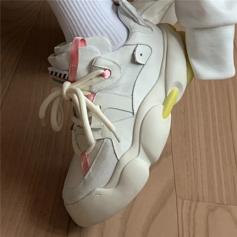 

Fashion Top Quality Platform Women's Sneakers Handmade Leather Casual Female Chunky Shoes Sports Laces Thick Bottom Ladies Shoes