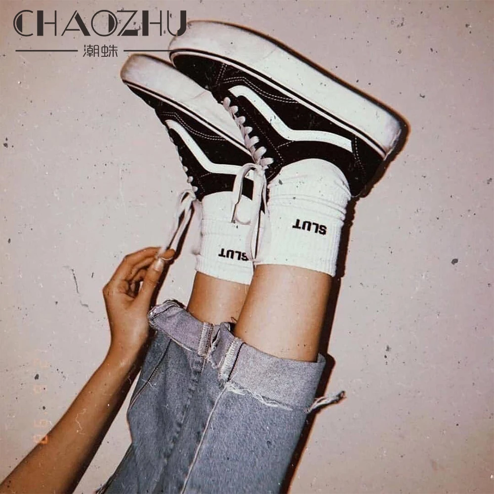 CHAOZHU European awesome cool socks unisex white sock with funny black words street young hiphops skateboard skateboard sox