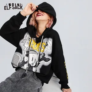 ELFSACK Harajukuчерная Повседневная Толстовка с капюшоном большого размера с мультяшным принтом для женщин, осенняя Женская толстовка в Корейском стиле эльфа 2020, повседневный милый топ