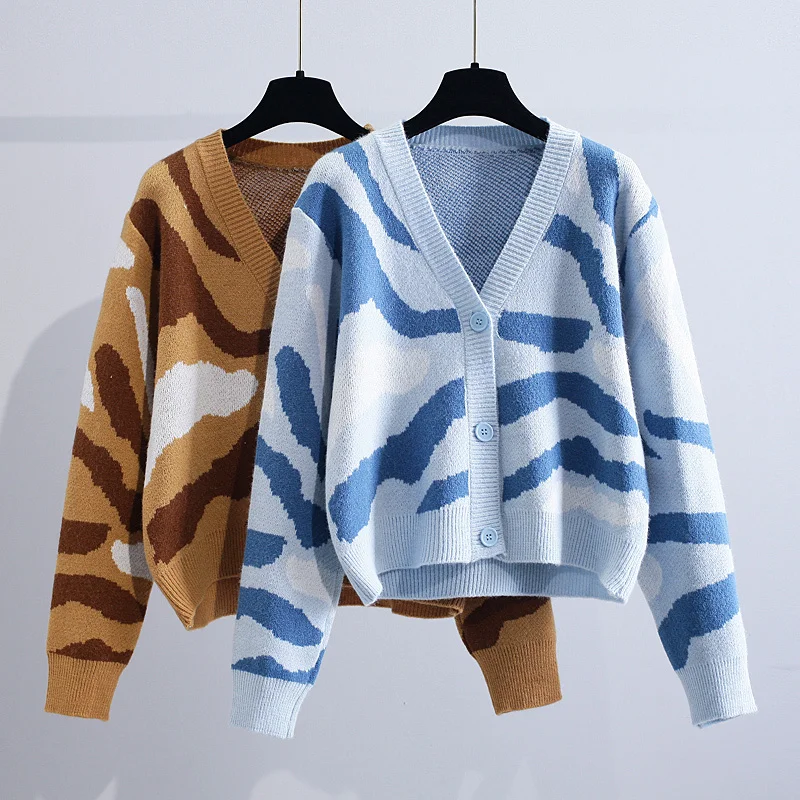 

Корейский короткий вязаный кардиган с узором зебры и V-образным вырезом, куртки, женская одежда, новинка сезона весна-осень 2022, свободный сви...