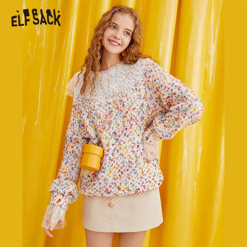 ELFSACK, разноцветный, в горошек, контрастный, кружевной пуловер, женский свитер, осень, цветные, в стиле пэчворк, с рукавами-воланами, женские топы