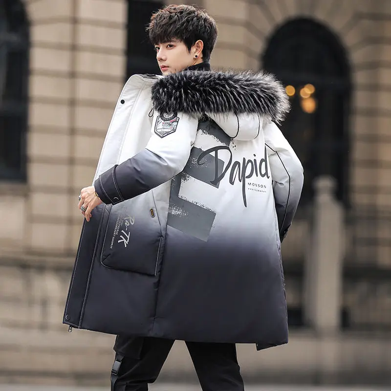 

Winter Jacket Men's Hooded Fur Collar Duck Down Thicken Windproof Warm Cargo Outwear Mid-length Gradient Graffiti Printed Coats