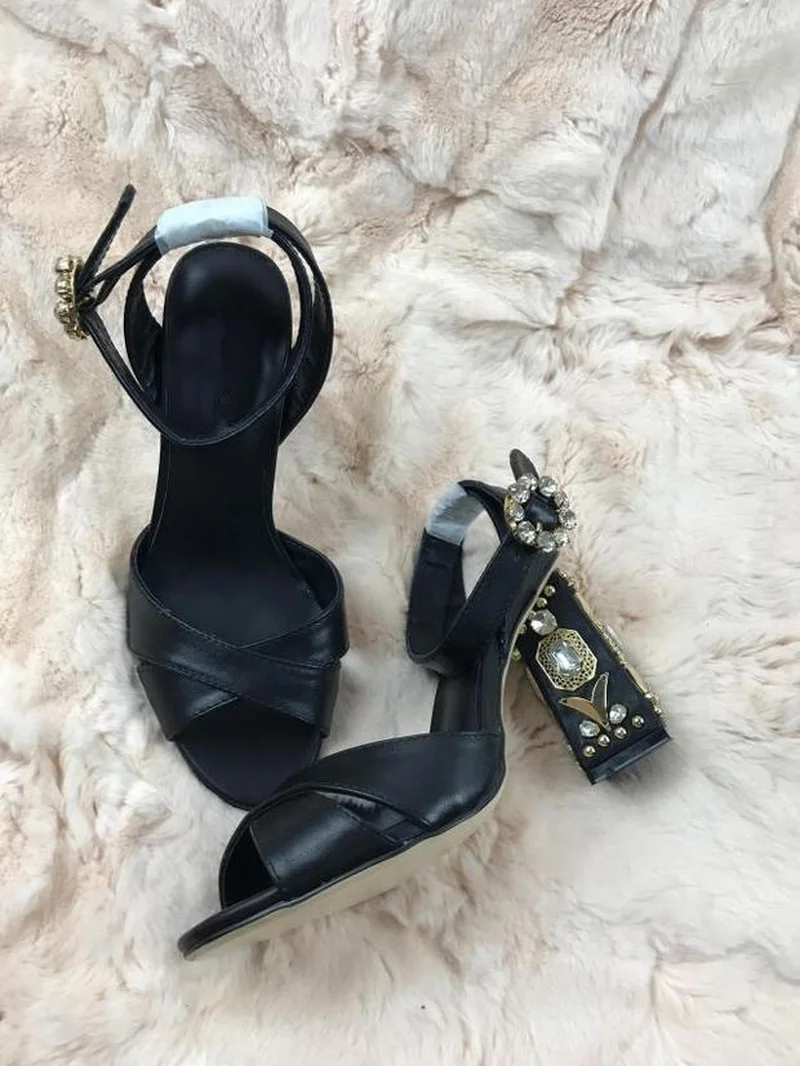 

Hot Sale US4-11 Womens Peep Toe Rhinestones Crystal Block High Heel Pumps Suede Leather Ankle Buckle Shoes Plus Size Black Rome