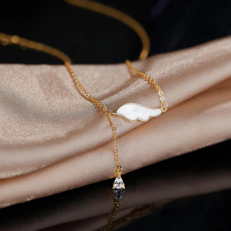 

Delicate Angel Wing Shell Charm Necklace With Zircon Tassel Chain Pendant Clavicle Chain Necklace For Women Girl Gift Wholesale