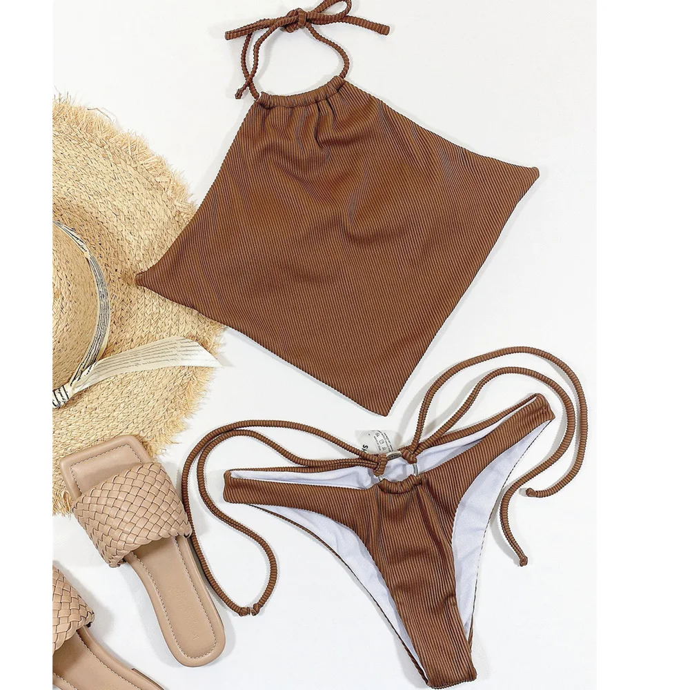 

Vigoashely Ribbed High Neck Swimwear Women Sexy Hollow Bandage Bikini 2021 Halter Swimsuit Female High Waist Bikini Bathing Suit