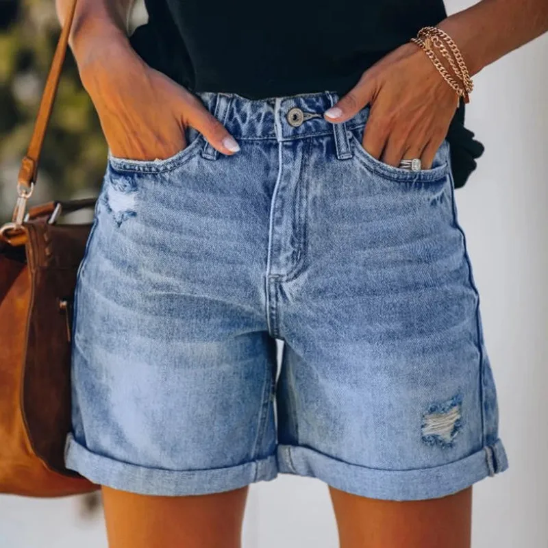 

New 2021 Summer High Waist Denim Shorts Women Casual Loose Ladies Fashion Plus Size Elastic Waist Wide Leg Short Jeans Pockets