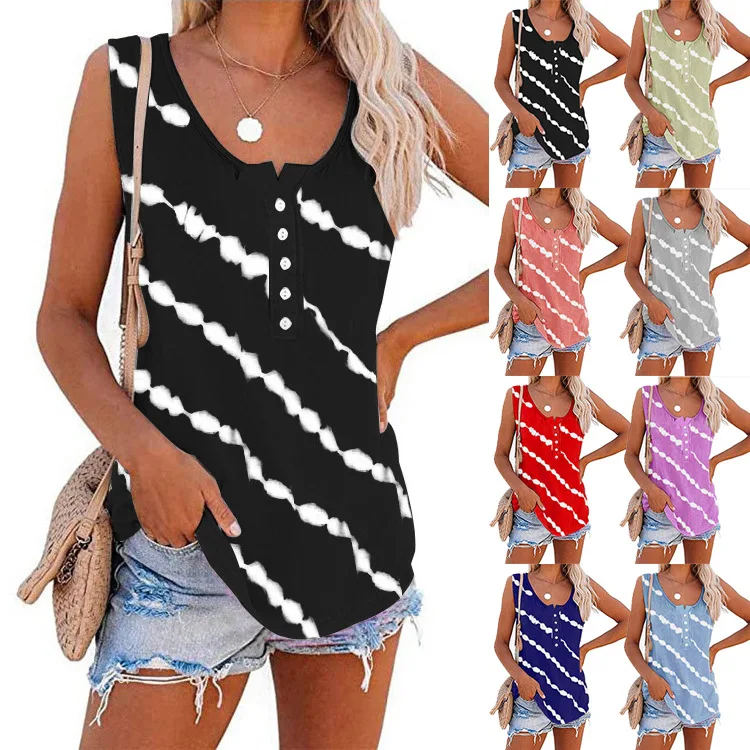

2021 Summer New Women's Clothes Hot-Selling Printed Diagonal Striped Button round Neck Vest T-shirt