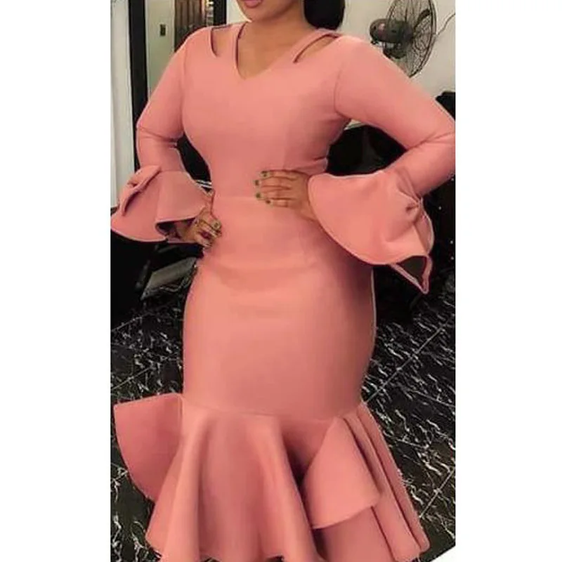 

Женское платье с длинным рукавом, облегающее вечернее платье в африканском стиле с V-образным вырезом и оборками, весна-осень 2020