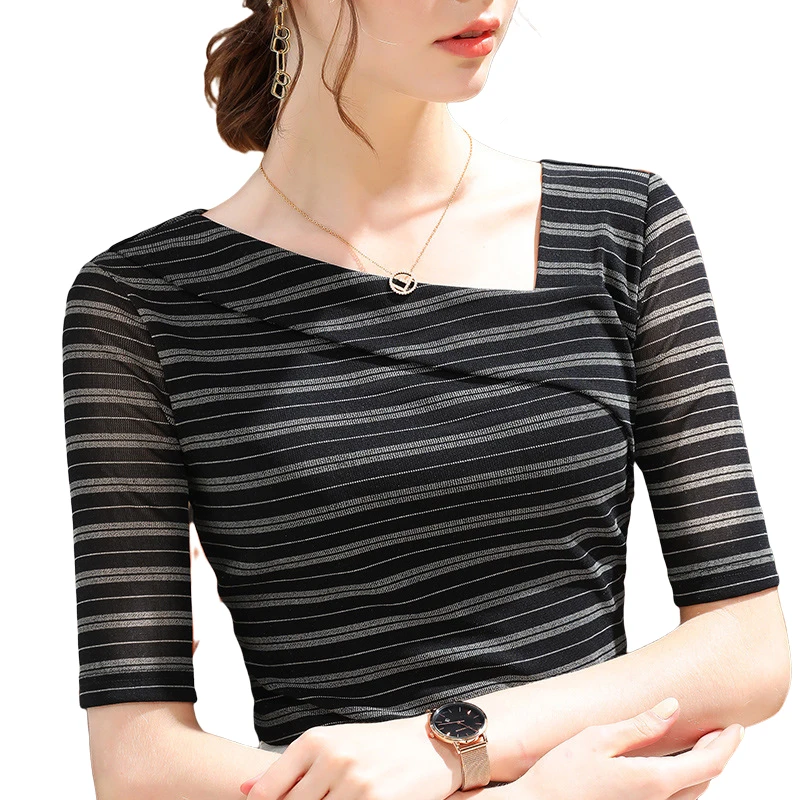 Женская облегающая футболка Повседневная Эластичная с косым воротником и