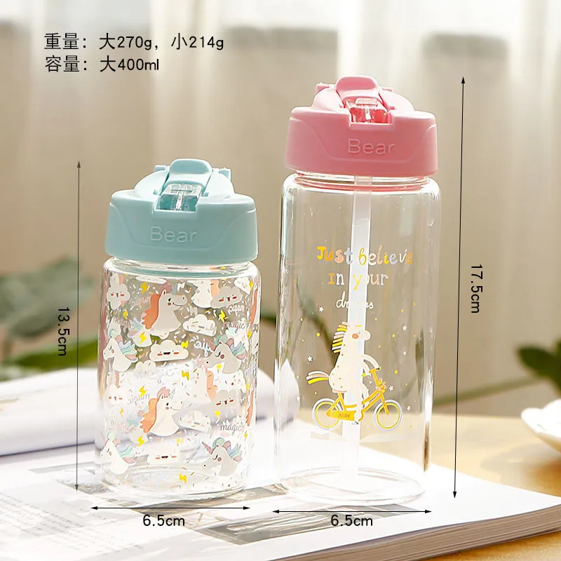 

Unicorn Glass Water Bottle for Kids with Straw and Flip Lid Girls Leak Proof Travel Drink Bottle BPA Free 300ml, 400ml