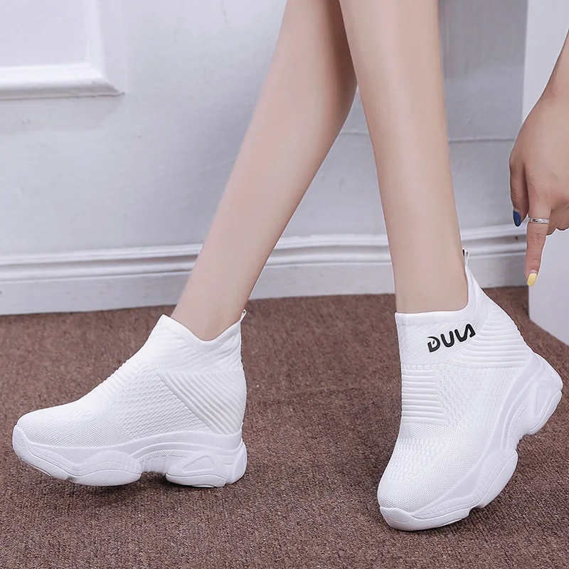 

Breathable Knitted Chunky Sneakers Women 2021New Spring Solid Wedge Sock Shoes Woman Thick Bottom High Top Zapatillas mujer