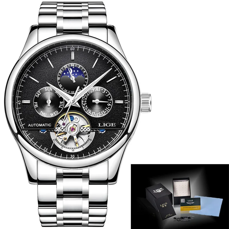 steel silver black Relojes LIGE Мужские автоматические механические Спортивные часы мужские роскошные Брендовые повседневные часы мужские наручные часы армейские часы relogio masculino - Color: steel silver black